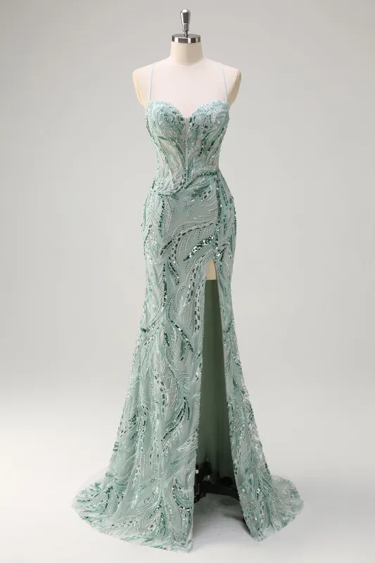 Sparkly Sage Mermaid Spaghetti Straps Long Beaded Sequin Prom Dress with Slit made by Wedtrend