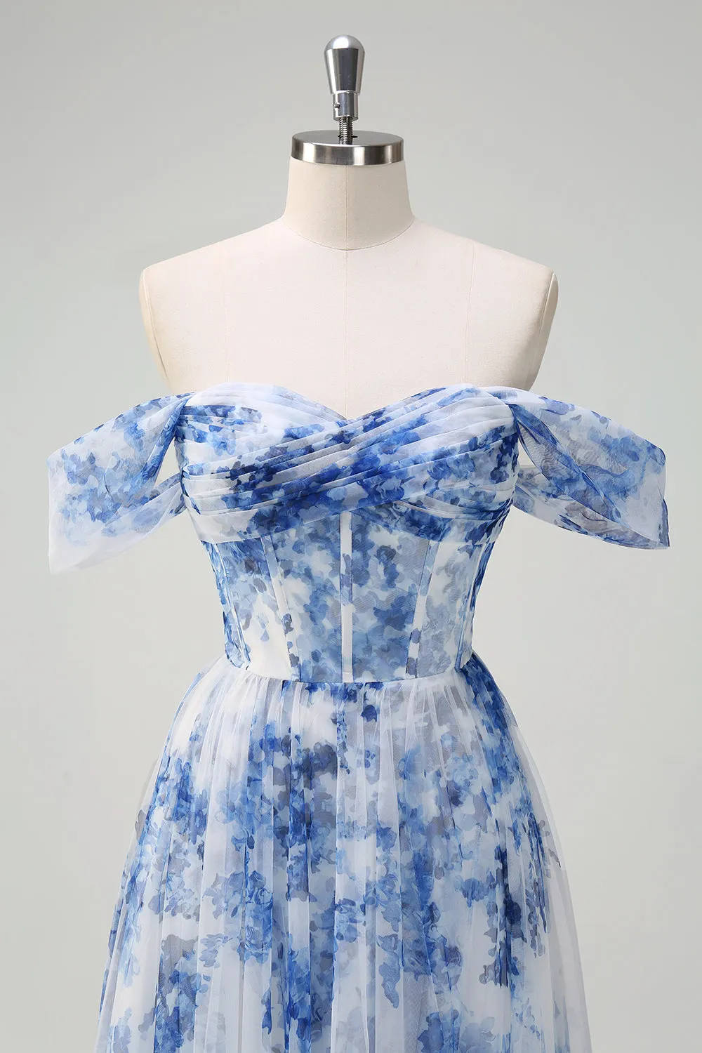 White Blue Flower A-Line Off the Shoulder Ruched Corset Maxi Dress with Slit sold by Wedtrend product image thumbnail 4