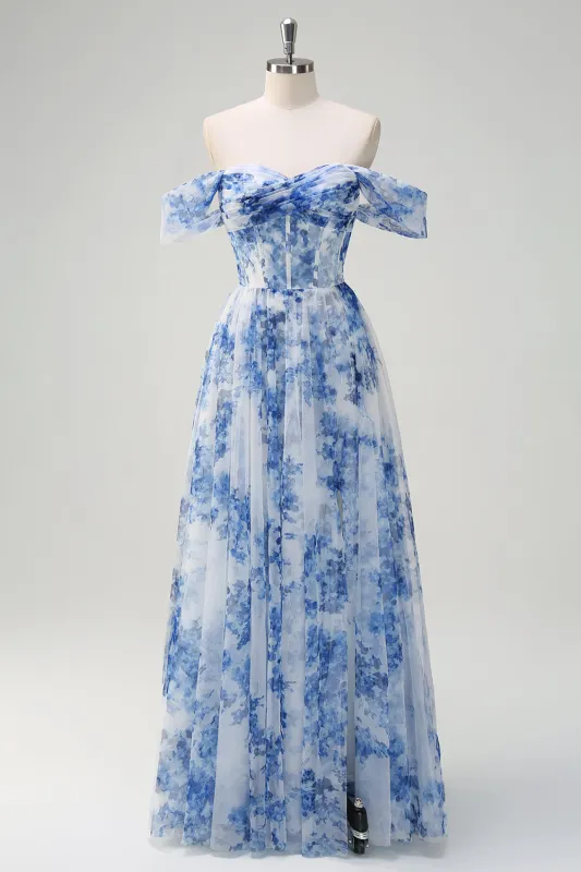 White Blue Flower A-Line Off the Shoulder Ruched Corset Maxi Dress with Slit made by Wedtrend