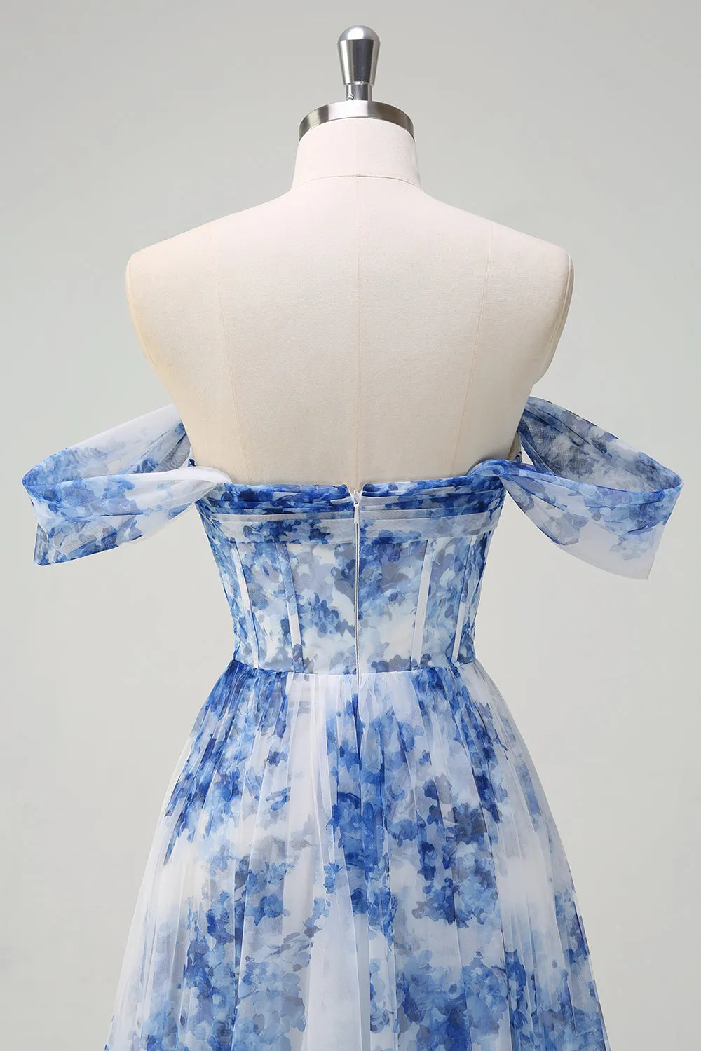 White Blue Flower A-Line Off the Shoulder Ruched Corset Maxi Dress with Slit sold by Wedtrend product image thumbnail 5