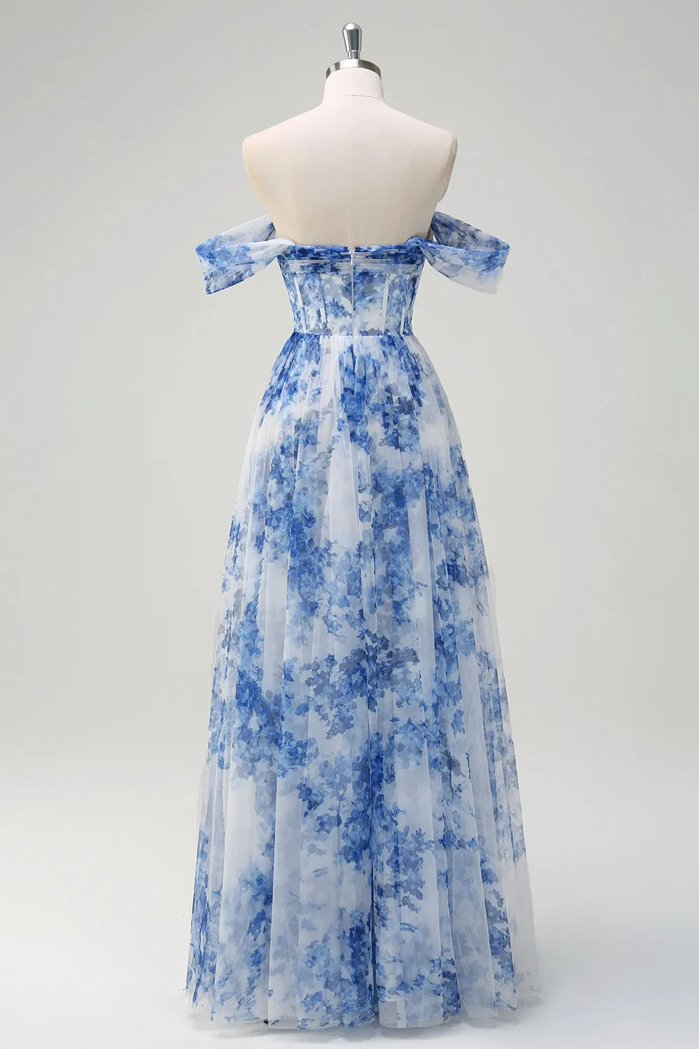 White Blue Flower A-Line Off the Shoulder Ruched Corset Maxi Dress with Slit sold by Wedtrend product image thumbnail 2