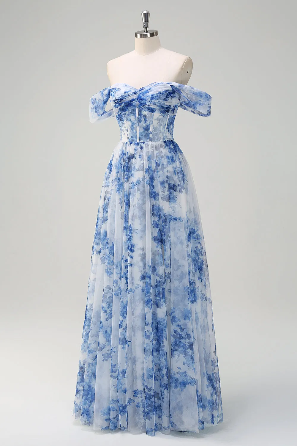 White Blue Flower A-Line Off the Shoulder Ruched Corset Maxi Dress with Slit sold by Wedtrend product image thumbnail 3
