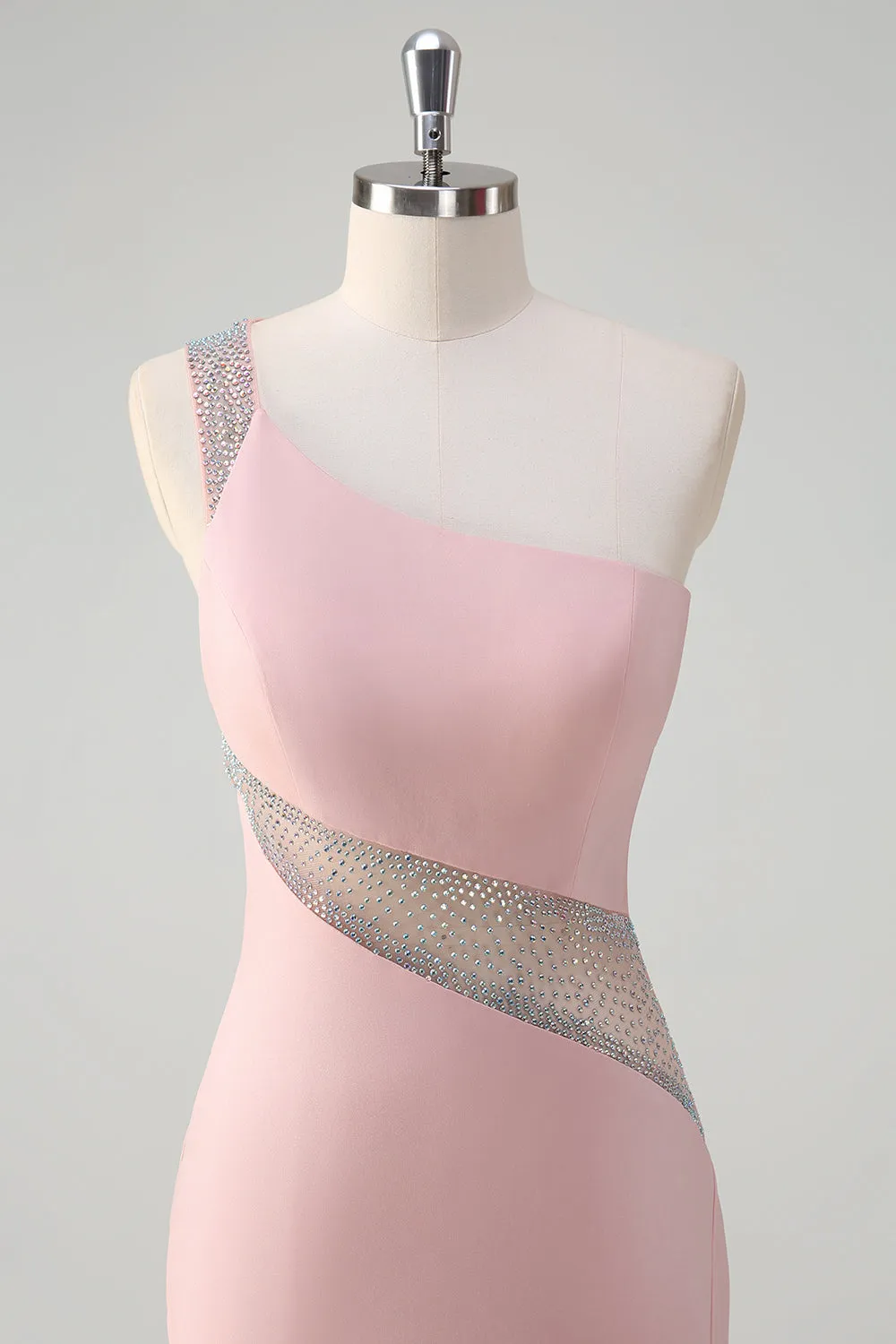 Sparkly Light Pink Mermaid One Shoulder Beaded Satin Long Prom Dress with Slit sold by Wedtrend product image thumbnail 4