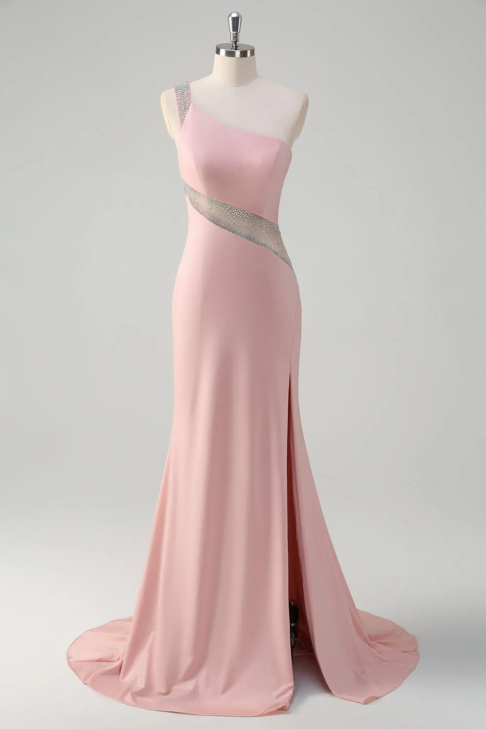 Sparkly Light Pink Mermaid One Shoulder Beaded Satin Long Prom Dress with Slit sold by Wedtrend