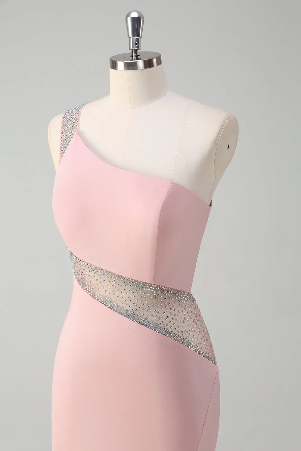 Sparkly Light Pink Mermaid One Shoulder Beaded Satin Long Prom Dress with Slit sold by Wedtrend product image thumbnail 5