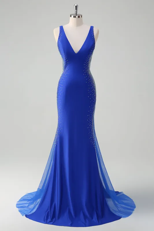 Sparkly Royal Blue Mermaid V Neck Open Back Satin Long Prom Dress with Beading made by Wedtrend