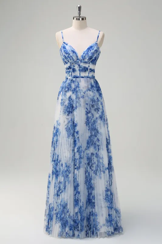 White Blue Flower A Line Spaghetti Straps Ruched Long Bridesmaid Dress made by Wedtrend