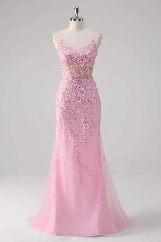 Glitter Pink Mermaid Spaghetti Straps Corset Long Prom Dress with Sequins made by Wedtrend