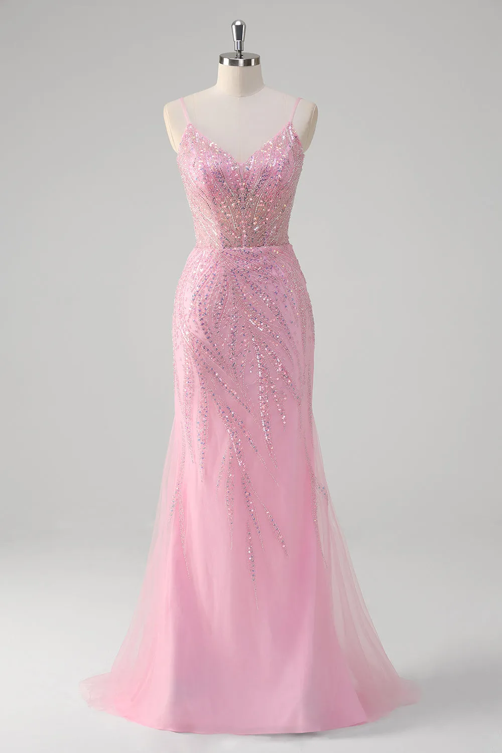 Glitter Pink Mermaid Spaghetti Straps Corset Long Prom Dress with Sequins sold by Wedtrend