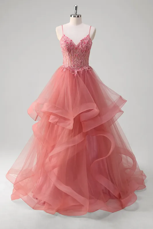 Coral A Line Spiral Ruffles Corset Tiered Long Prom Dress sold by Wedtrend