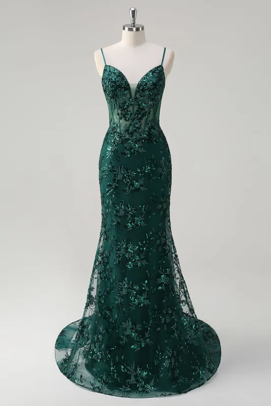 Dark Green Mermaid Spaghetti Straps Corset Sparkly Sequin Long Prom Dress made by Wedtrend