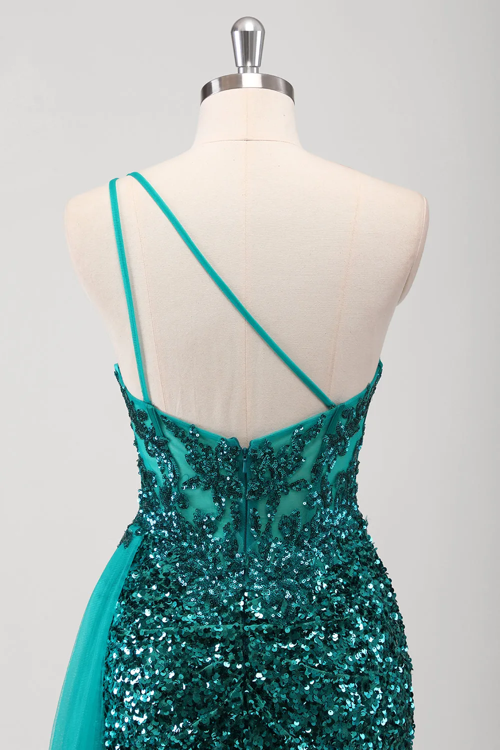 Peacock Green Mermaid One Shoulder Tulle Streamer Sequins Prom Dress with Slit sold by Wedtrend product image thumbnail 5
