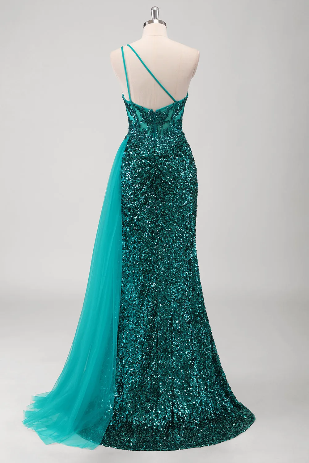 Peacock Green Mermaid One Shoulder Tulle Streamer Sequins Prom Dress with Slit sold by Wedtrend product image thumbnail 2