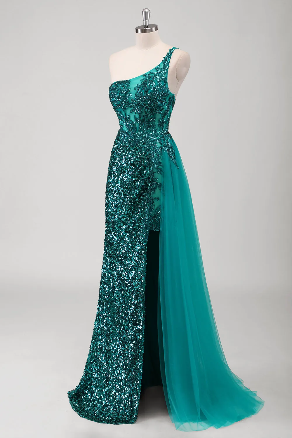 Peacock Green Mermaid One Shoulder Tulle Streamer Sequins Prom Dress with Slit sold by Wedtrend product image thumbnail 3