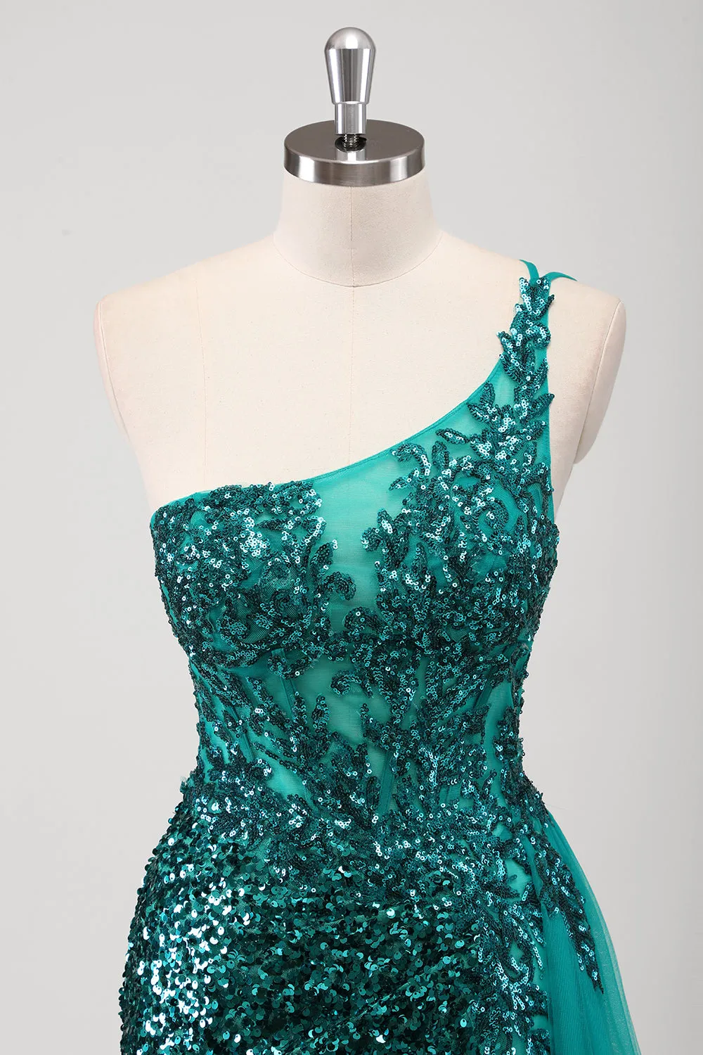 Peacock Green Mermaid One Shoulder Tulle Streamer Sequins Prom Dress with Slit sold by Wedtrend product image thumbnail 4