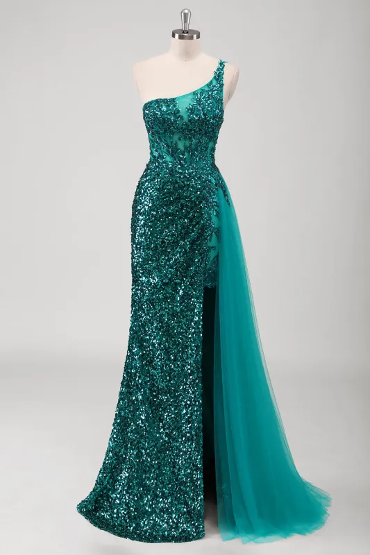 Peacock Green Mermaid One Shoulder Tulle Streamer Sequins Prom Dress with Slit made by Wedtrend