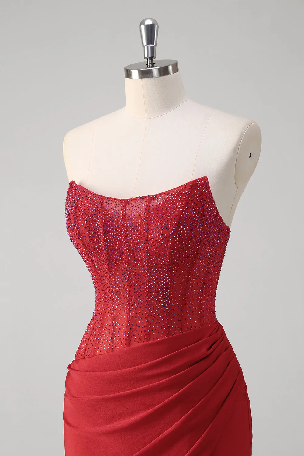 Sparkly Red Mermaid Strapless Corset Beaded Ruched Long Prom Dress With Slit sold by Wedtrend product image thumbnail 4