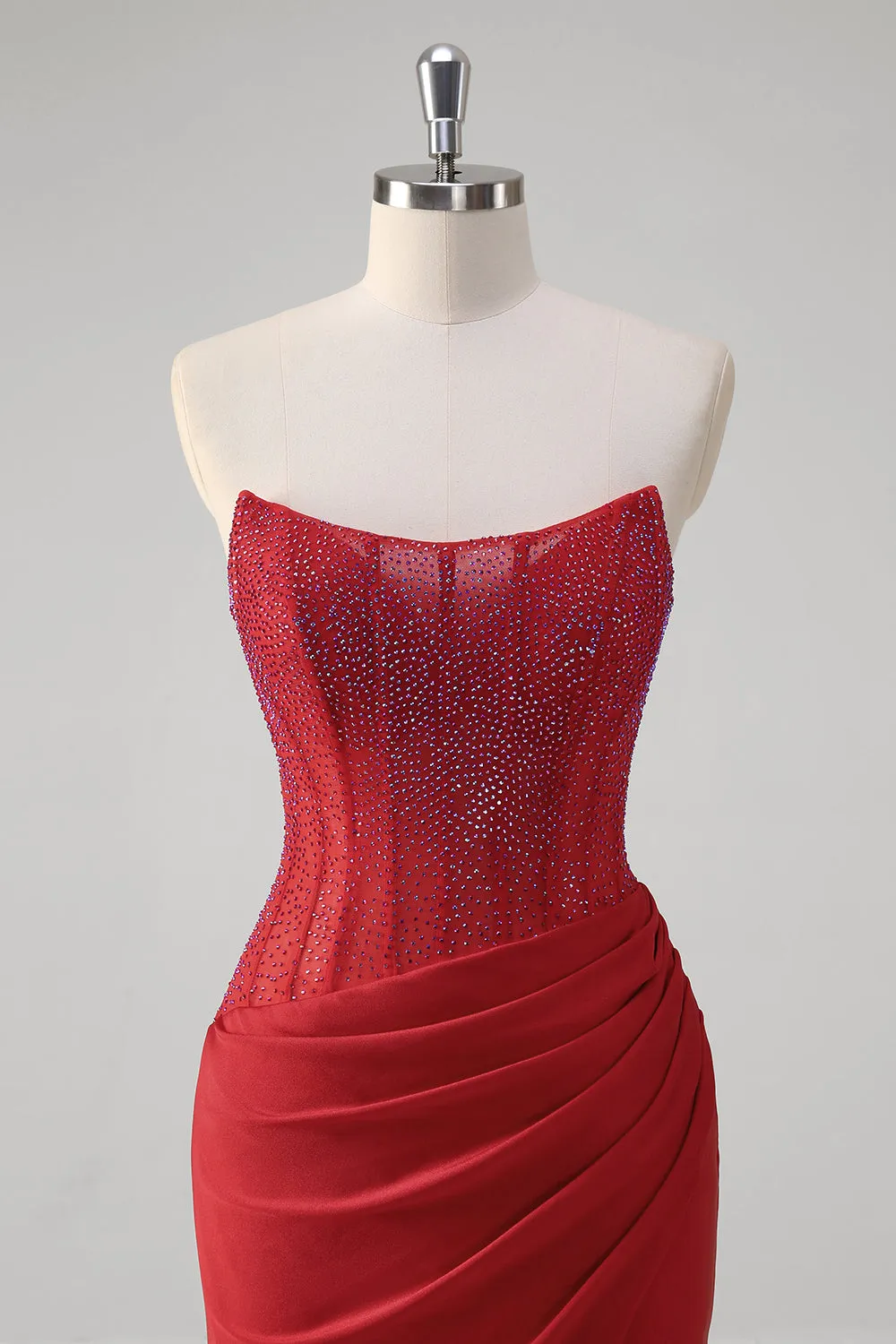 Sparkly Red Mermaid Strapless Corset Beaded Ruched Long Prom Dress With Slit sold by Wedtrend product image thumbnail 5