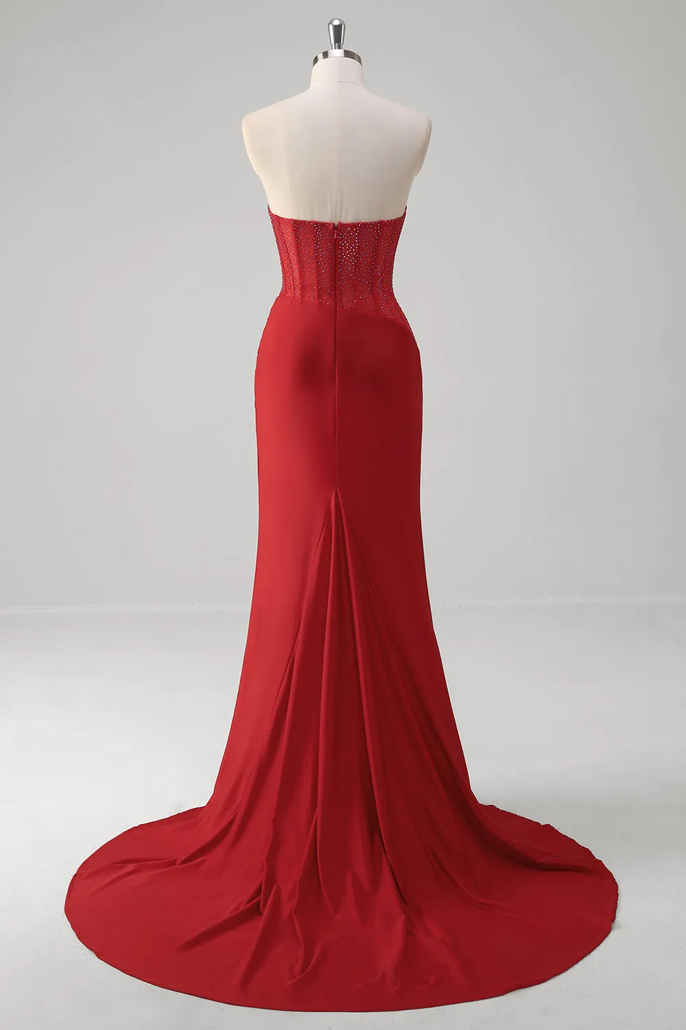 Sparkly Red Mermaid Strapless Corset Beaded Ruched Long Prom Dress With Slit sold by Wedtrend product image thumbnail 2
