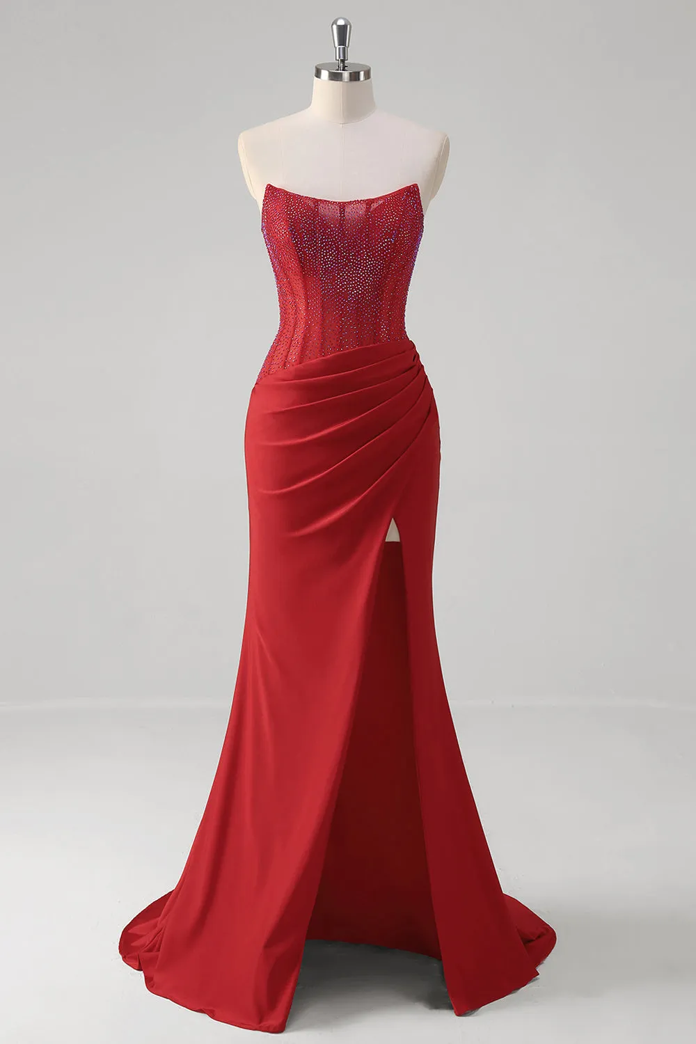 Sparkly Red Mermaid Strapless Corset Beaded Ruched Long Prom Dress With Slit sold by Wedtrend