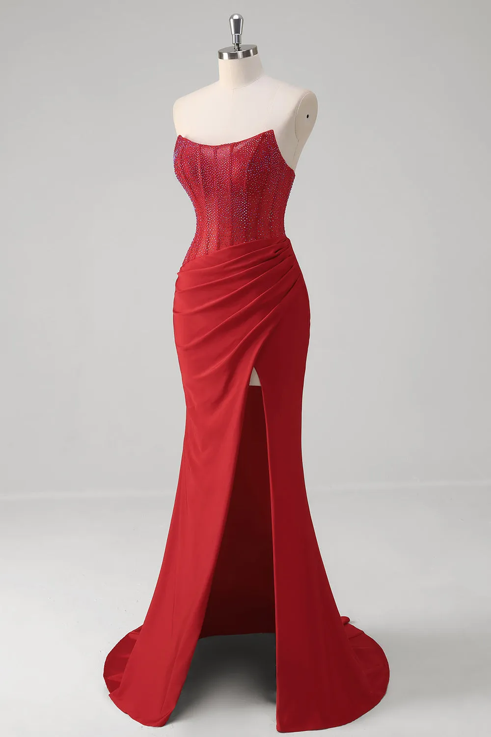 Sparkly Red Mermaid Strapless Corset Beaded Ruched Long Prom Dress With Slit sold by Wedtrend product image thumbnail 3