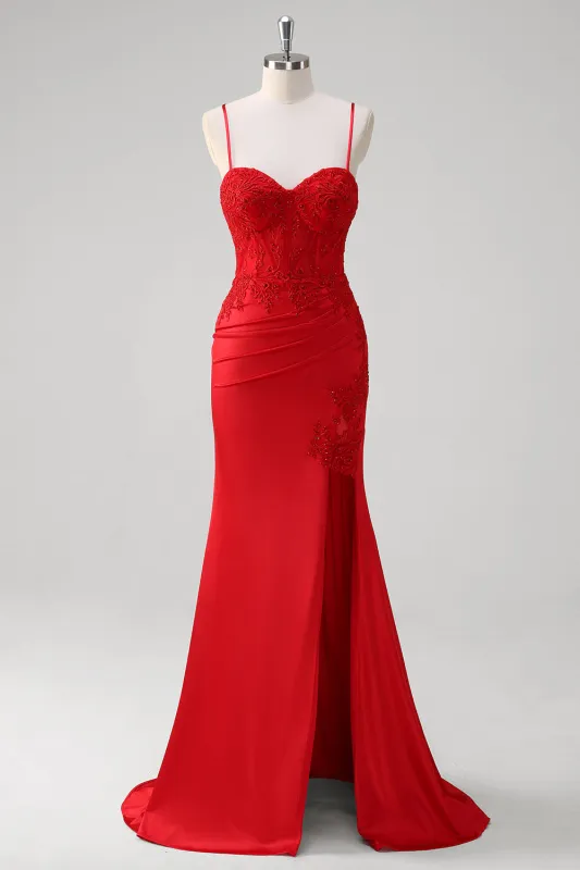 Red Mermaid Spaghetti Straps Satin Long Corset Appliqued Prom Dress with Slit sold by Wedtrend
