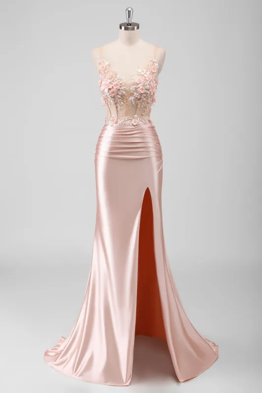 Peach Floral Mermaid 3D Flowers Corset Long Beaded Prom Dress with Slit made by Wedtrend