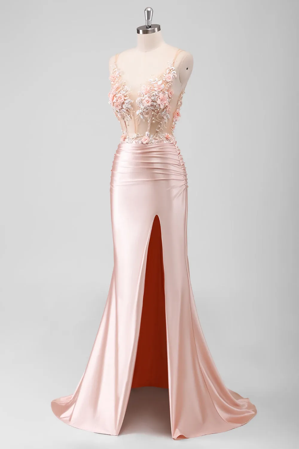Peach Floral Mermaid 3D Flowers Corset Long Beaded Prom Dress with Slit sold by Wedtrend product image thumbnail 3