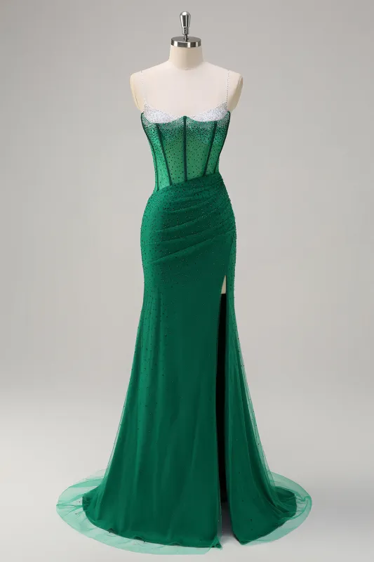 Dark Green Mermaid Spaghetti Straps Corset Beaded Long Prom Dress with High Slit sold by Wedtrend