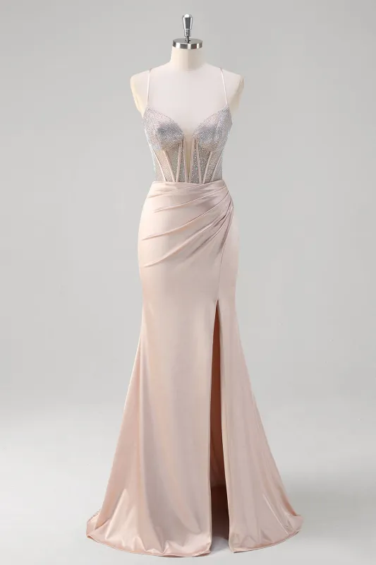 Stylish Blush Mermaid Spaghetti Straps Ruched Corset Beaded Long Prom Dress with Slit sold by Wedtrend