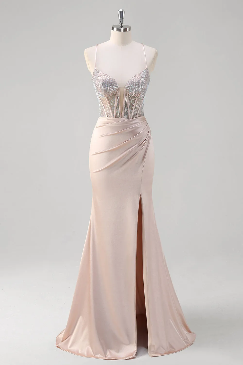 Stylish Blush Mermaid Spaghetti Straps Ruched Corset Beaded Long Prom Dress with Slit sold by Wedtrend