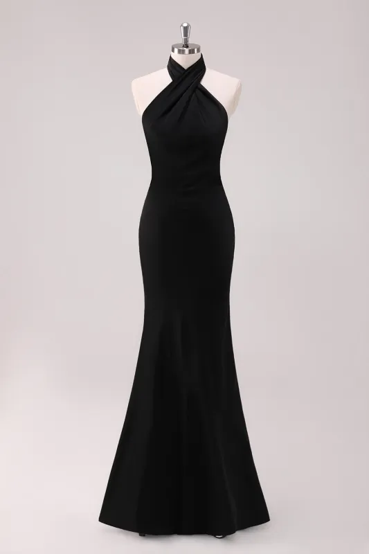 Black Mermaid Halter Open Back Floor Length Satin Bridesmaid Dress sold by Wedtrend