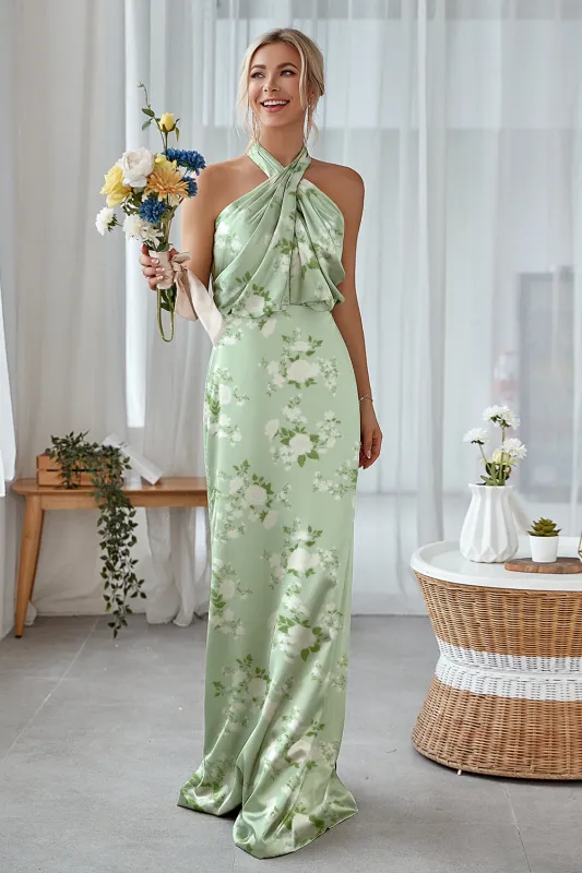 Sage White Flower Sheath Halter Ruched Satin Long Bridesmaid Dress made by Wedtrend