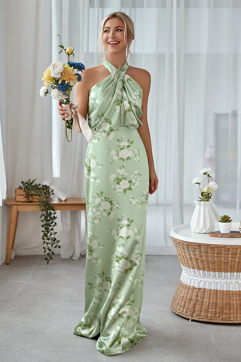 Sage White Flower Sheath Halter Ruched Satin Long Bridesmaid Dress sold by Wedtrend