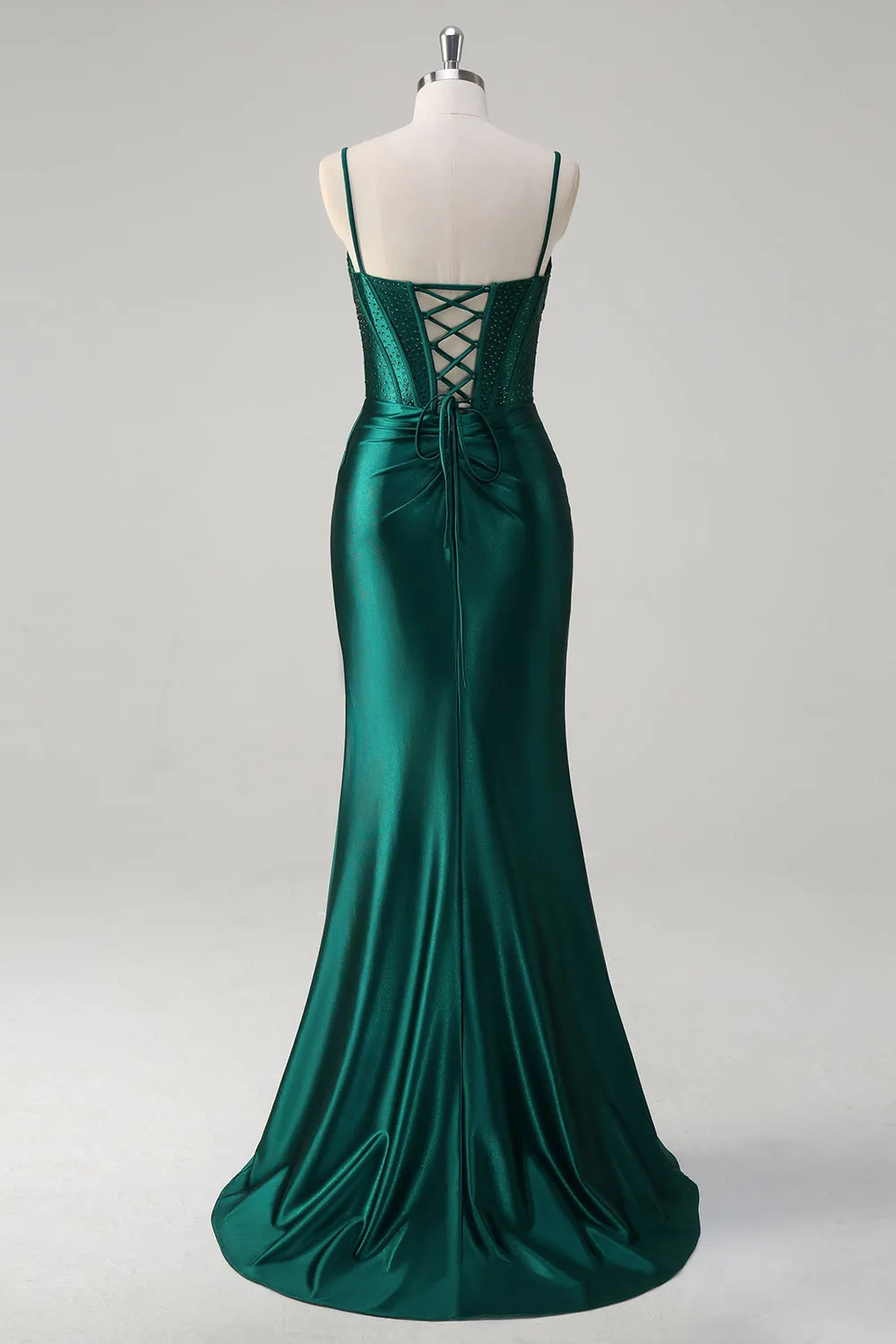 Sparkly Dark Green Mermaid Ruched Corset Beaded Long Prom Dress with Slit sold by Wedtrend product image thumbnail 2