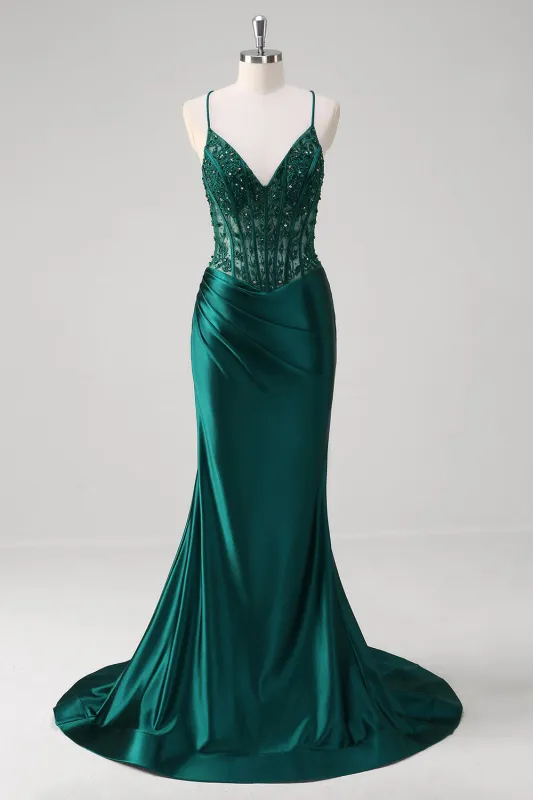 Dark Green Mermaid Lace Up Back Corset Long Prom Dress with Beading sold by Wedtrend