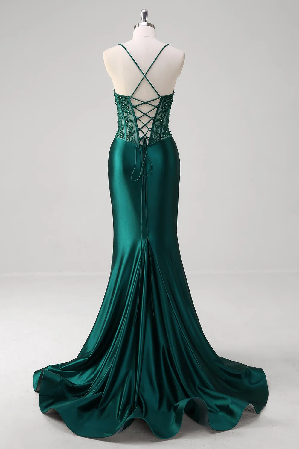Dark Green Mermaid Lace Up Back Corset Long Prom Dress with Beading sold by Wedtrend product image thumbnail 2