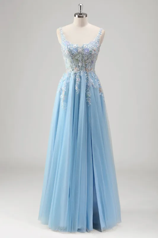 Light Blue A Line Open Back Corset Floral Appliques Beaded Prom Dress with Slit made by Wedtrend