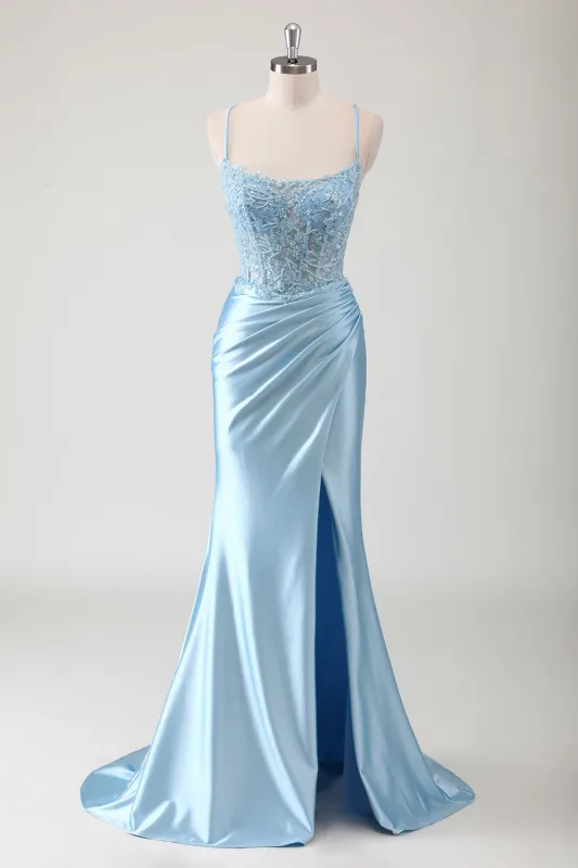 Blue Mermaid Spaghetti Straps Sheer Corset Ruched Long Prom Dress with Slit made by Wedtrend