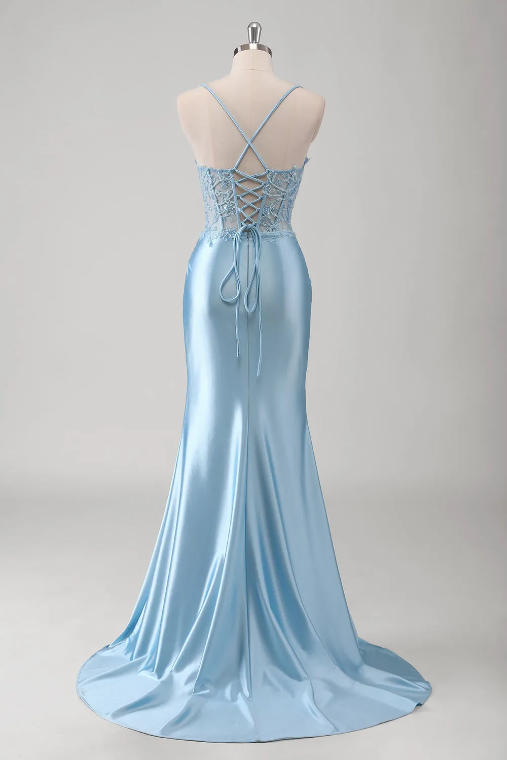 Blue Mermaid Spaghetti Straps Sheer Corset Ruched Long Prom Dress with Slit sold by Wedtrend product image thumbnail 2