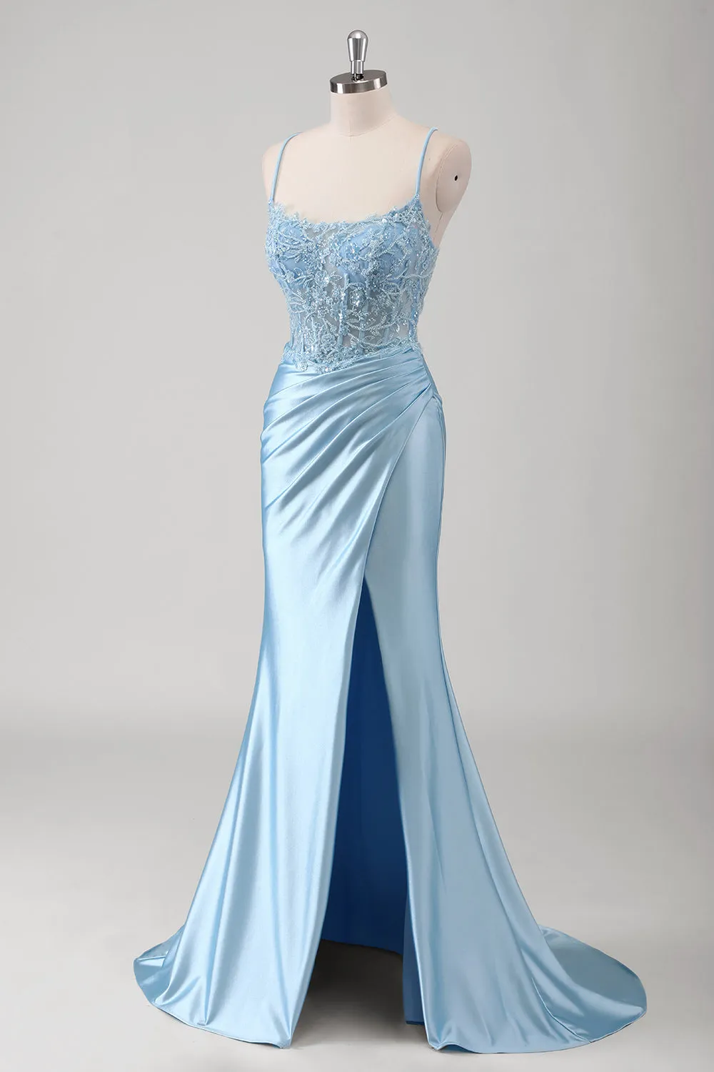 Blue Mermaid Spaghetti Straps Sheer Corset Ruched Long Prom Dress with Slit sold by Wedtrend product image thumbnail 5