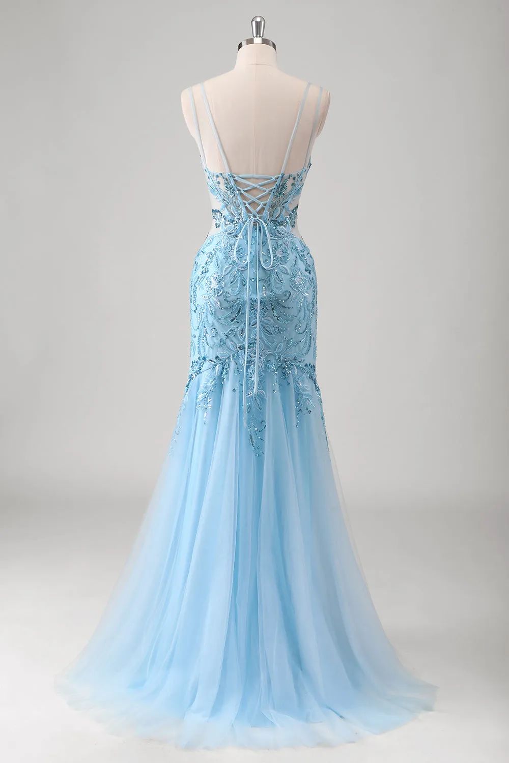 Blue Mermaid Spaghetti Straps Sequin Long Appliqued Prom Dress with Tulle Slit sold by Wedtrend product image thumbnail 2