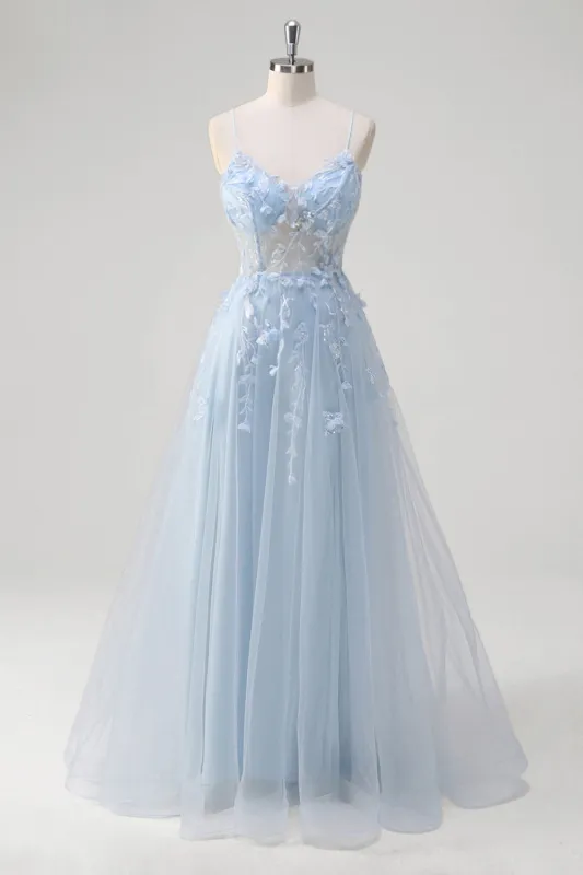Blue A-Line Spaghetti Straps Sheer Corset Long Floral Prom Dress With Appliques made by Wedtrend
