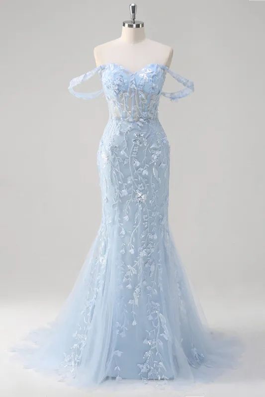 Blue Mermaid Off the Shoulder Sequin Sheer Corset Floral Prom Dress with Appliques made by Wedtrend