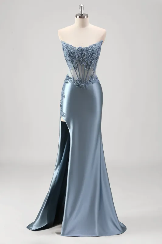 Sparkly Grey Blue Mermaid Strapless Corset Beaded Long Prom Dress with Slit made by Wedtrend