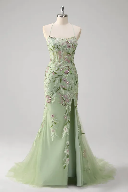 Sparkly Green Mermaid Halter Corset Sequin Embroidered Long Prom Dress With Slit made by Wedtrend