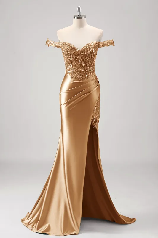 Sparkly Champagne Mermaid Off The Shoulder Sequins Long Prom Dress with Slit made by Wedtrend