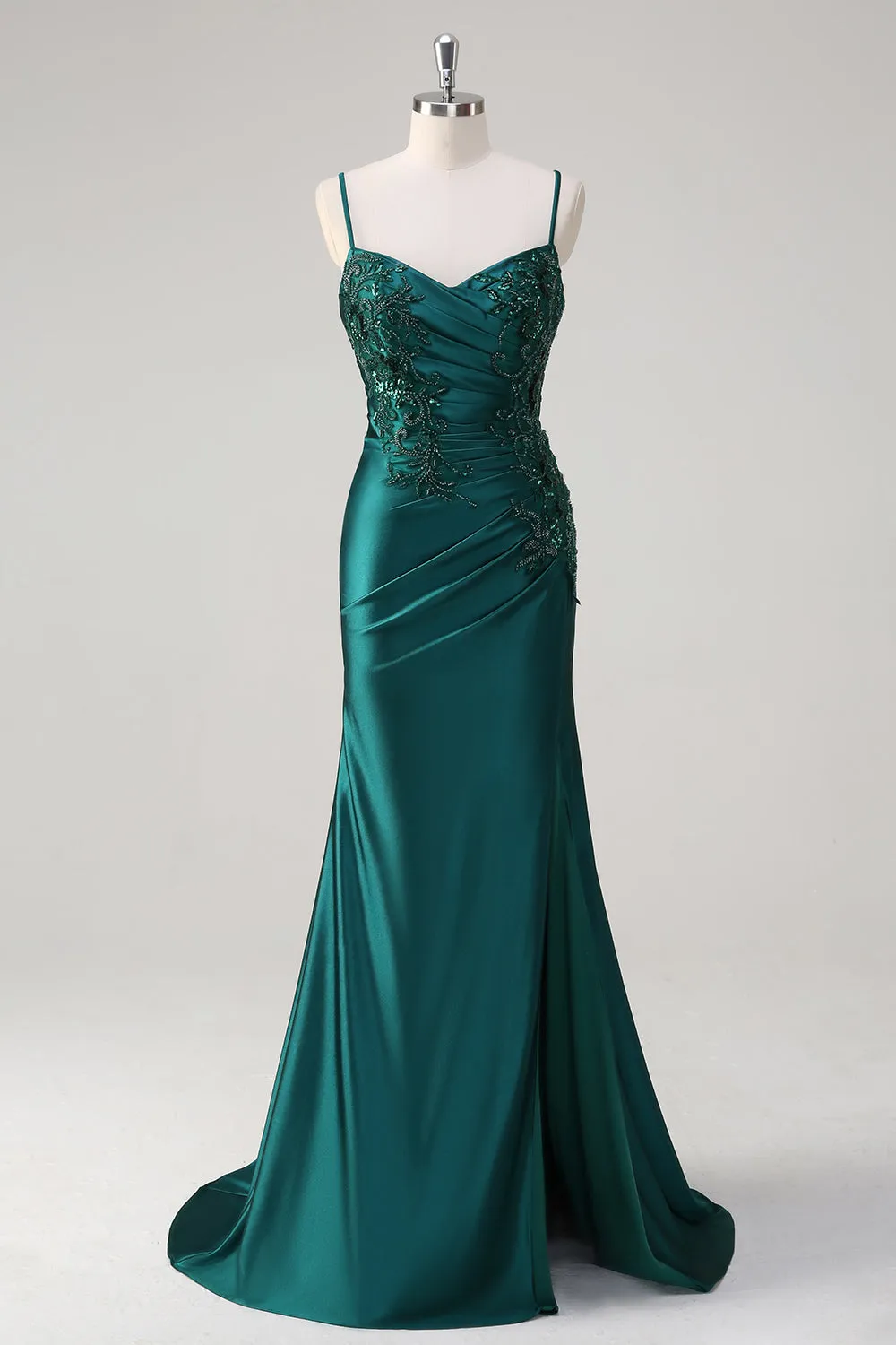 Dark Green Mermaid Spaghetti Straps Ruched Beaded Long Prom Dress with Slit sold by Wedtrend