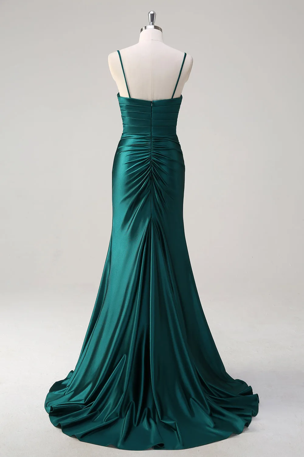 Dark Green Mermaid Spaghetti Straps Ruched Beaded Long Prom Dress with Slit sold by Wedtrend product image thumbnail 2
