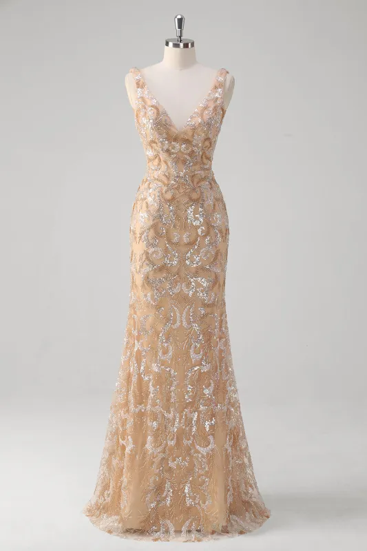 Glitter Champagne Mermaid V-Neck Sequin Long Prom Dress with Beading made by Wedtrend